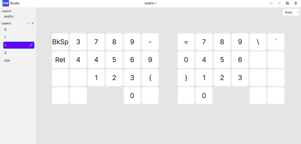 ZMK Studioで設定したLayer 2のキーマップ